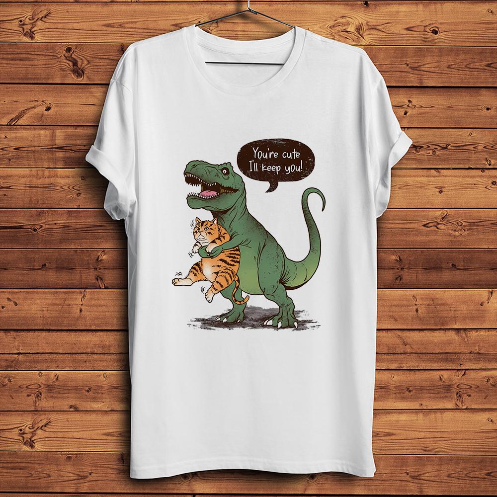 TRex Dinosaur Holding Cat Funny Meow Joke TshirtCasual Short Sleeve TShirts Unisex White TeeNocracking Breathable Printing S