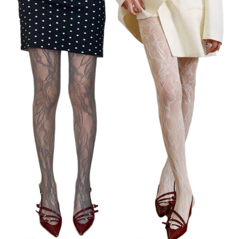 Women See Through Fishnet Mesh Pantyhose Stockings Aesthetic Elegant Hollowed Out Plant Flower Patterned Tights Leggings