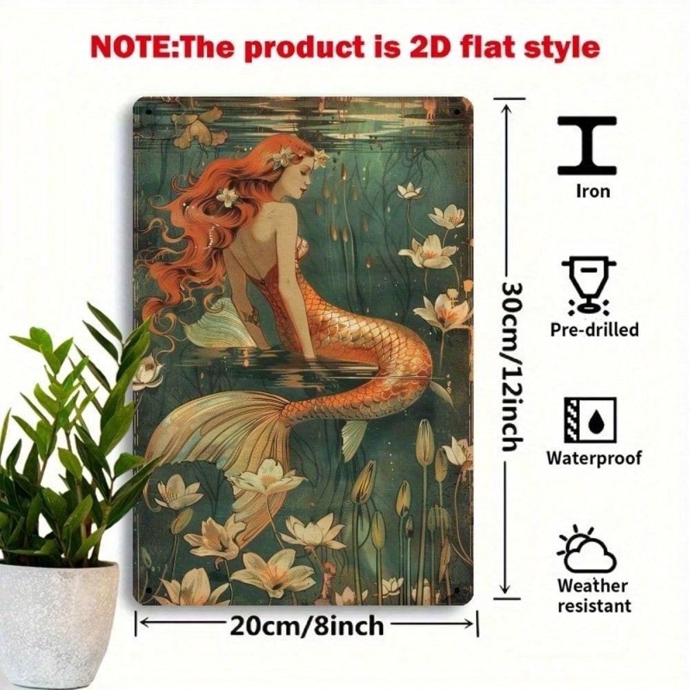 Metal Poster Vintage Mermaid Flower Art 8x12 Inch Wall Decor for Bathroom Living Room