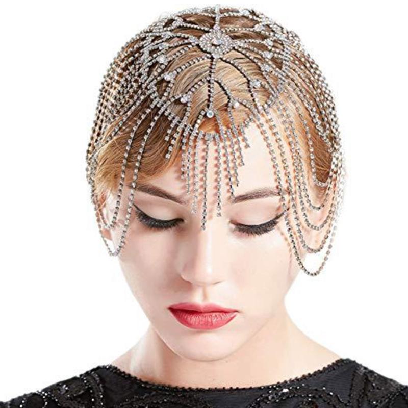 Damen Strass Quasten Kette Kopfschmuck Silber/ Golden Braut Haarschmuck für Abendkleid Party Abschlussball