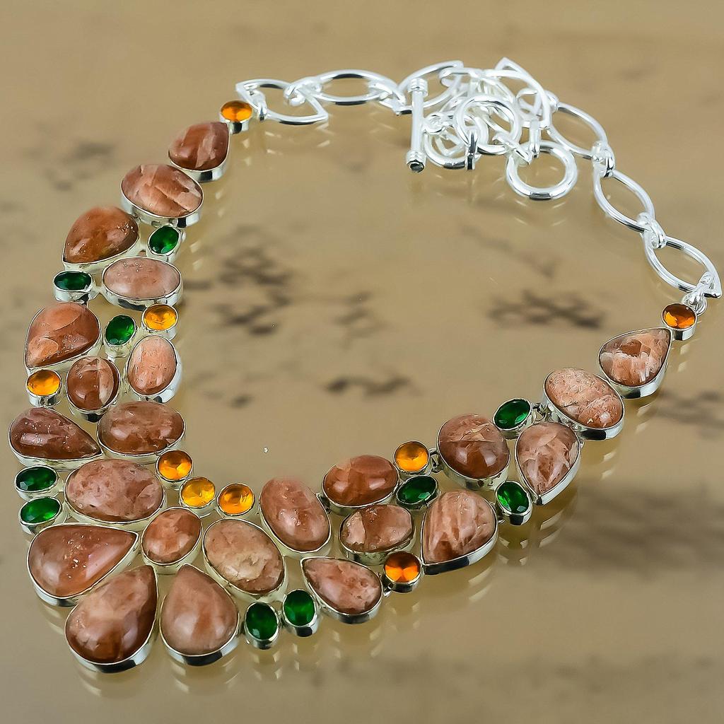 Natural Sunstone Gemstone Chain Adjustable Necklace 925 Silver For Girls