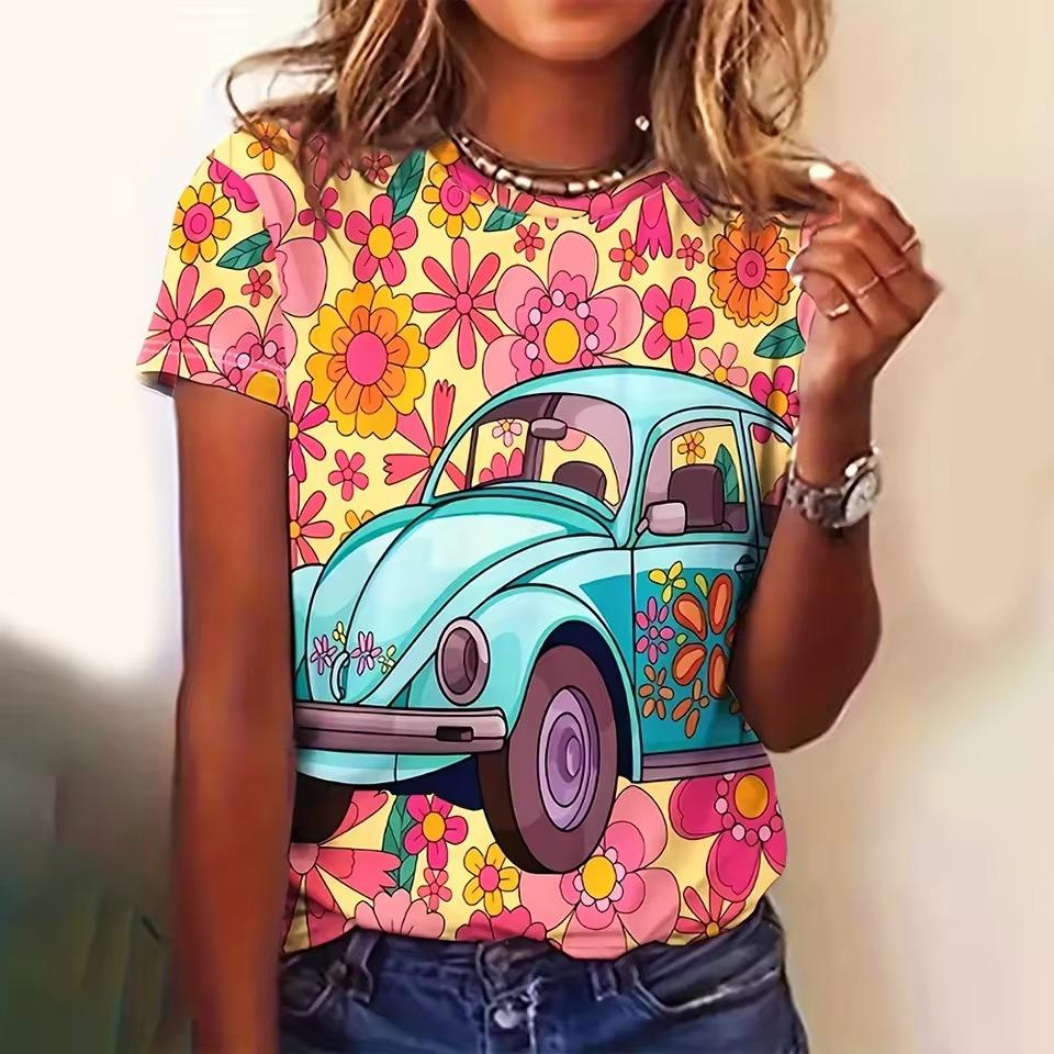 Summer Cartoon Car 3D Printed T-shirts Street Casual Fashion Short Sleeved Round Neck Women's T-shirts