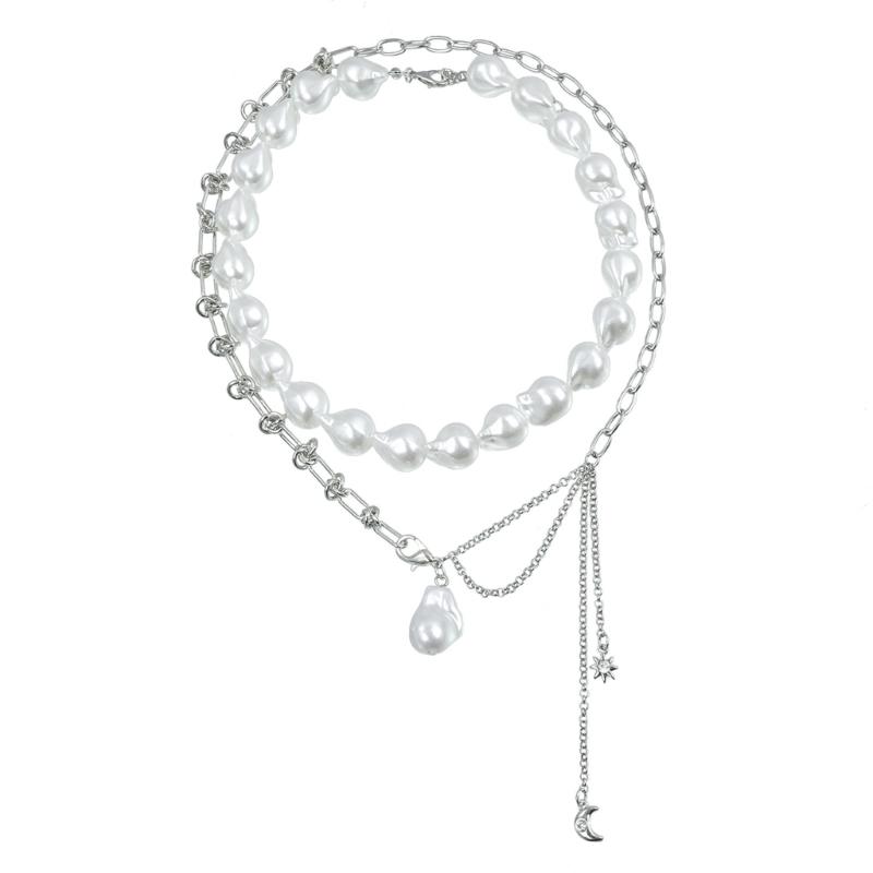 

Layered Moon Star Pendant Necklace Irregular Pearls Beaded Collarbone Chain Accessory Jewelry for Women and Girls 1