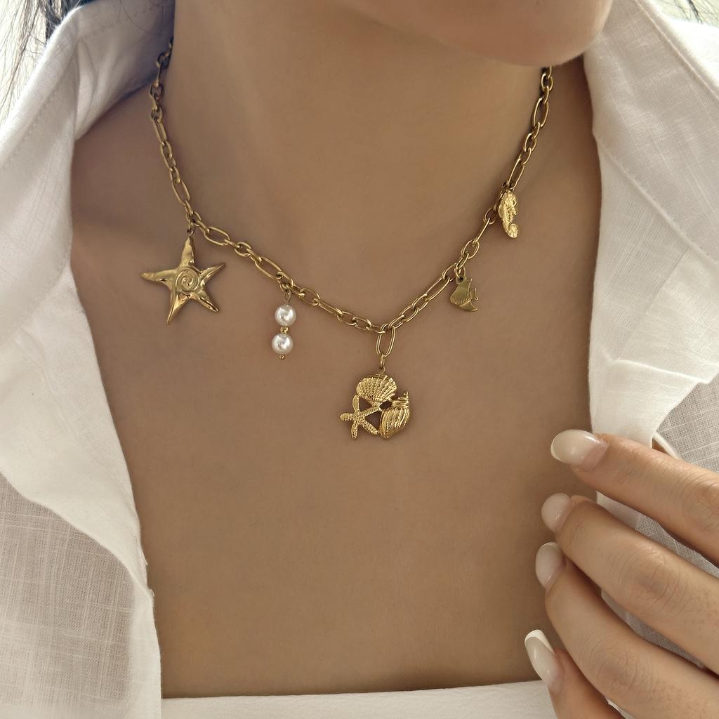 Charming Ceramic Fish Sea Turtle Sun Starfish Pendant Necklace for Women Stainless Steel Gold Color Necklace Beach Party Jewelry