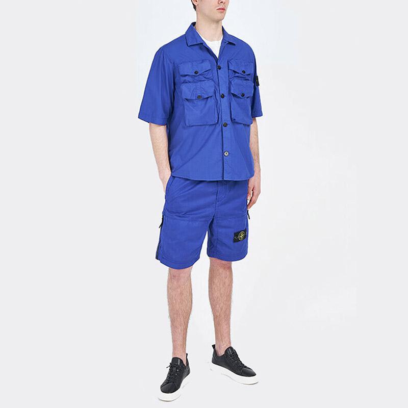 STONE ISLAND Solid Color Multi-Pocket Badge Single-Breasted Polo Short Sleeve Shirt Men Shirts Blue Purple 761511003-V0022