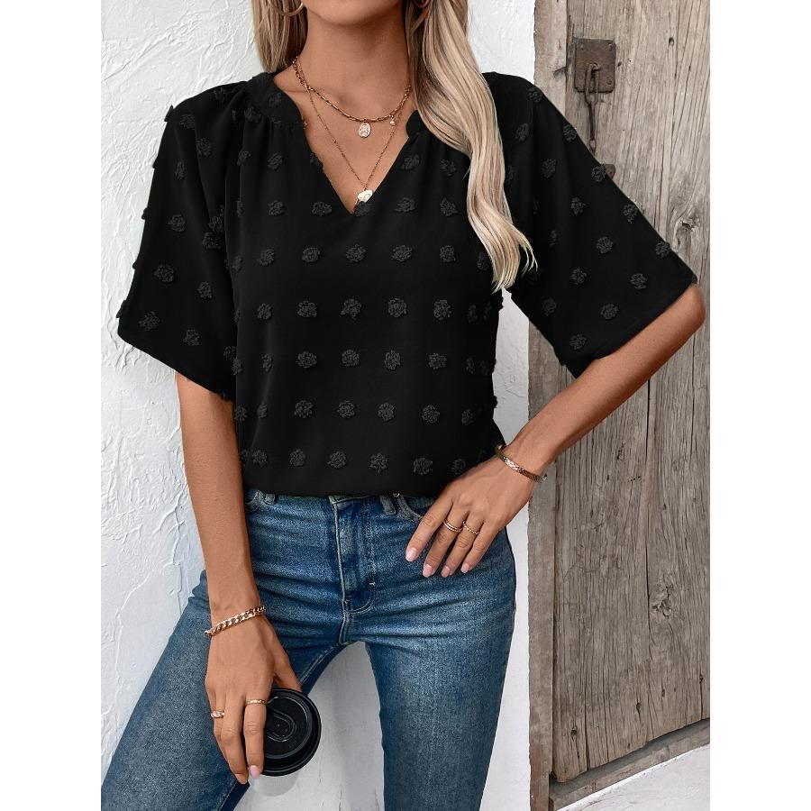 Women's Comfortable Loose Jacquard Blouses & Shirts V-neck Short Sleeved Top for Women