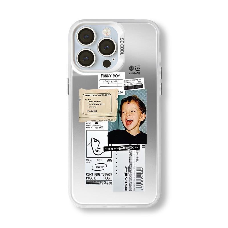 Srebrne Etui do iPhone'a 15/16 w Stylu Americano z Transgranicznym Niszowym Wzorem 13/14