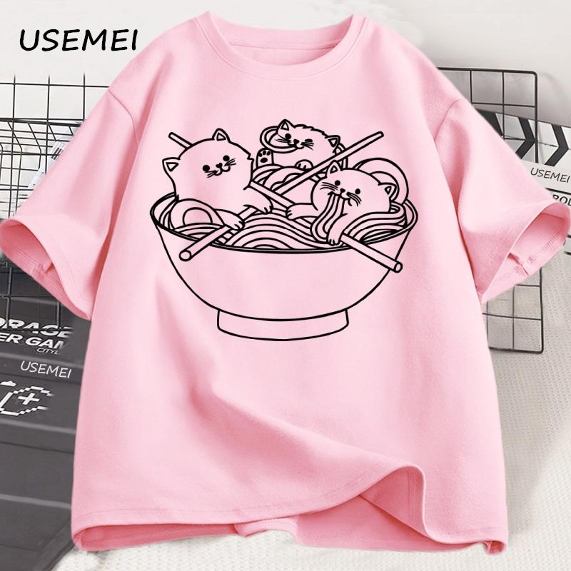 Japanese Style Cat Ramen T-Shirt Cotton Short Sleeve Kawaii Anime Tshirt Ramen Kitten Graphic Tees Cute Food Tee Shirt Clothes