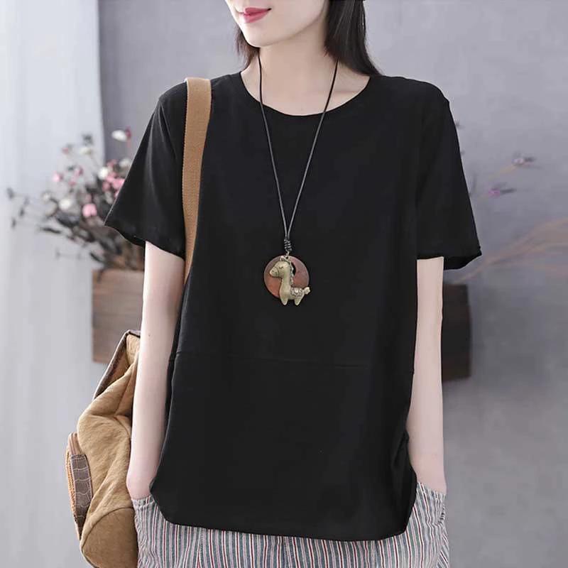 

T-shirt Women Versatile Summer Casual Large Size Loose Round Neck Pullover Short-sleeved Tops XXXXL чорний