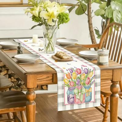Spring Floral Table Runner Blooming Flowers Table Linen Tulip Washable Table Cloth for Home Farmhouse Dining Parties Decoration