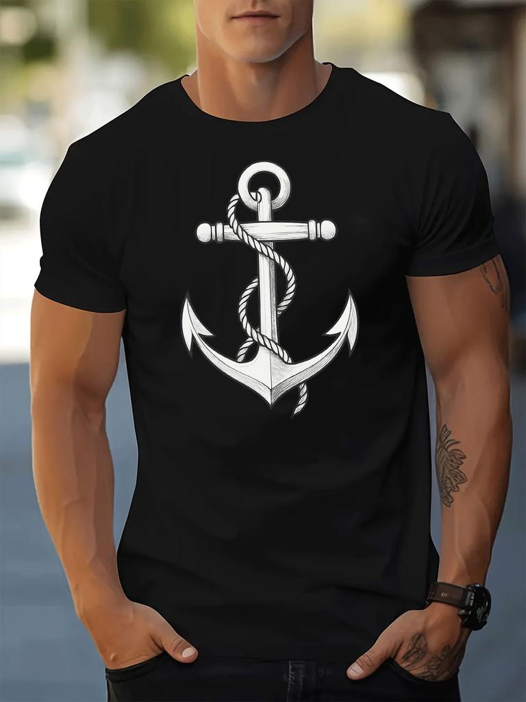 Black Unisexs Summer Tee Anchor Rope Nautical Sketch Print Short Sleeve Casual Street Top For Sailor Ocean Lover Male Daily Outfit