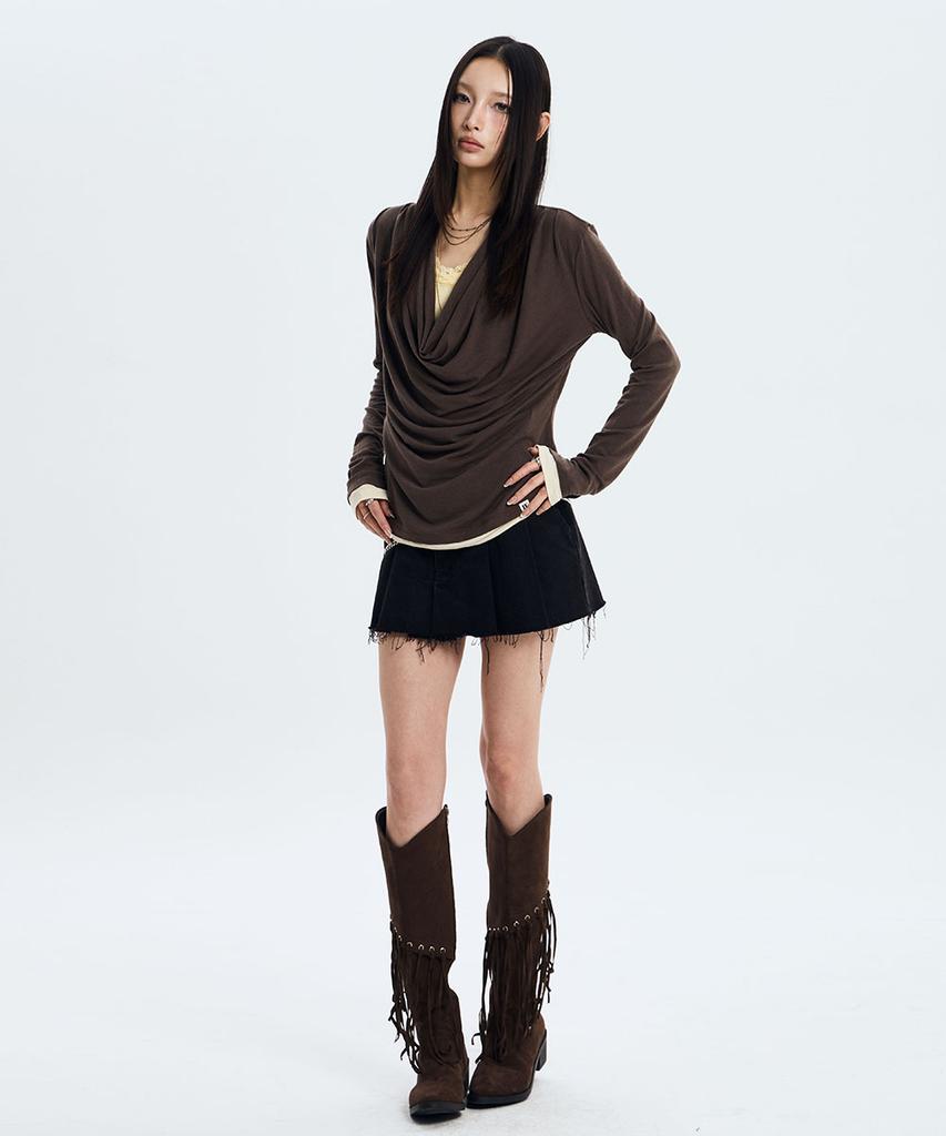 NOTKNOWING Deep Cowl Layered Top (Brown)