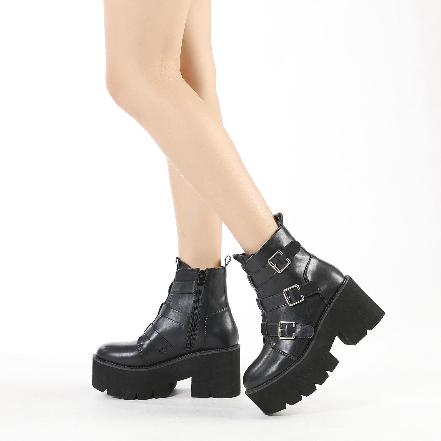 

Autumn mid-tube Martin boots thick-soled waterproof countertop side zipper metal belt buckle popular women s boots 43