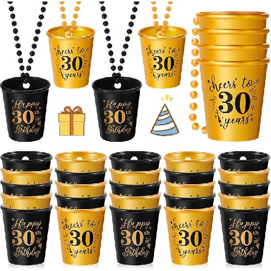 Sureio 24 Pcs 50th Birthday Shot Necklace Glasses Cups Bulk for Women Men Guests Plastic Gold and Black Shot Necklace Cups for Birthday Party Favors 30th