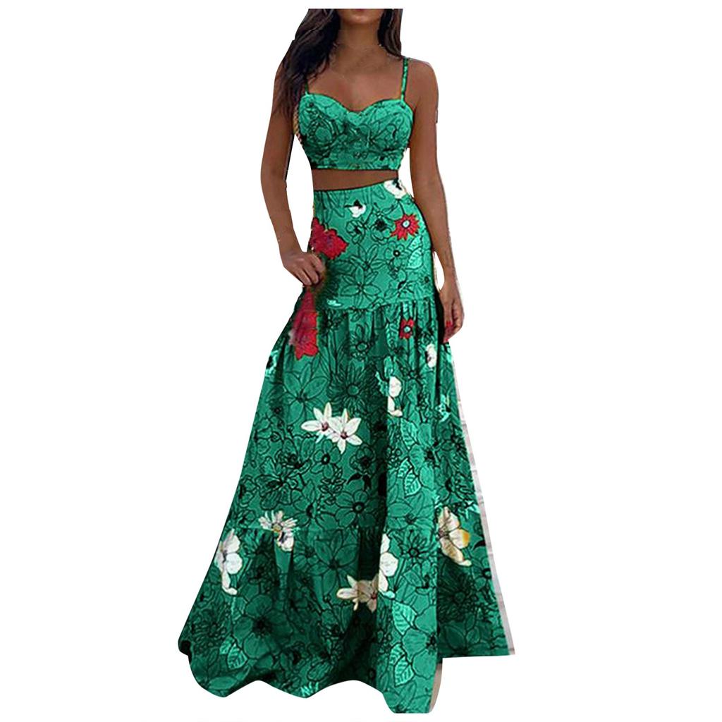 Zweiteiliges Damenmode Sexy Sommer Hosenträger Bedrucktes Langes Kleid