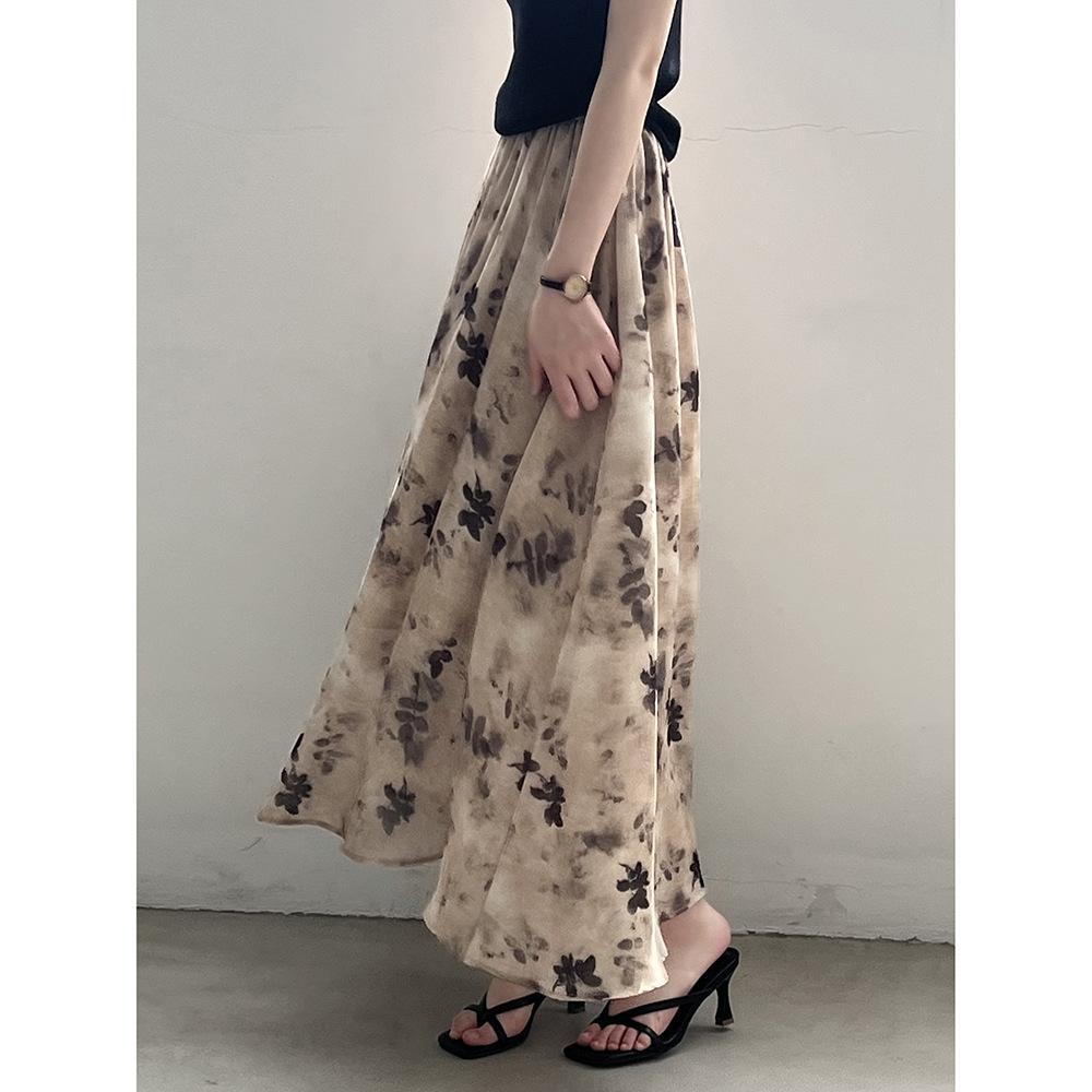 Letnia spódnica damska w stylu vintage chińskim, drukowana w efekt halo atramentowym, spódnica do połowy ciała, elastyczny pas, długa spódnica