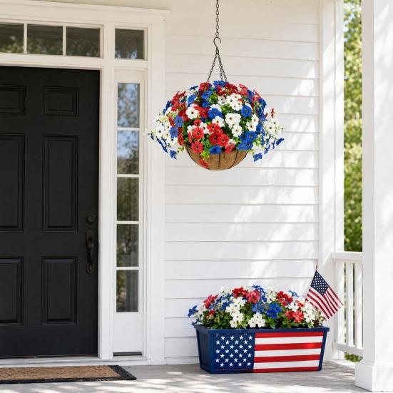 Artificial Outdoor Flower with Hanging Baskets, Red White Blue Fake Flower Planter, Patriotic Decor for 4th of July, Porch Garden
