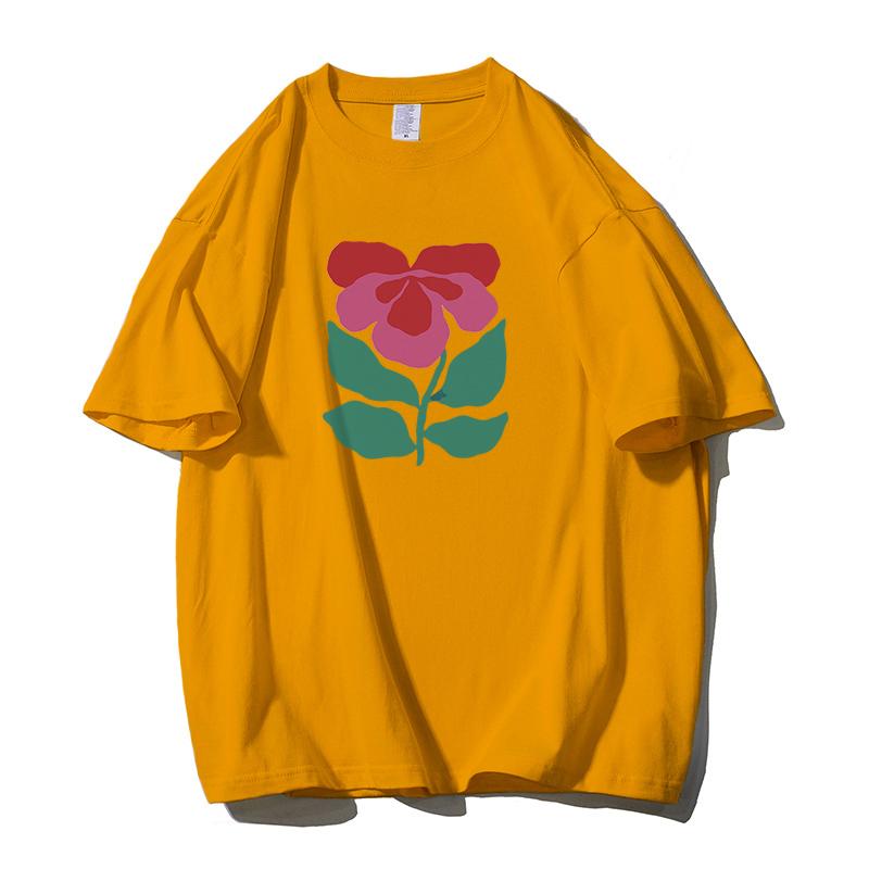 Shellsuning Krásné Květiny Tištěné Tričko pro Ženy Letní Nadměrné Ležérní O-výstřih Jednoduché Univerzální Dívčí Trička Základní Harajuku Pár Topy