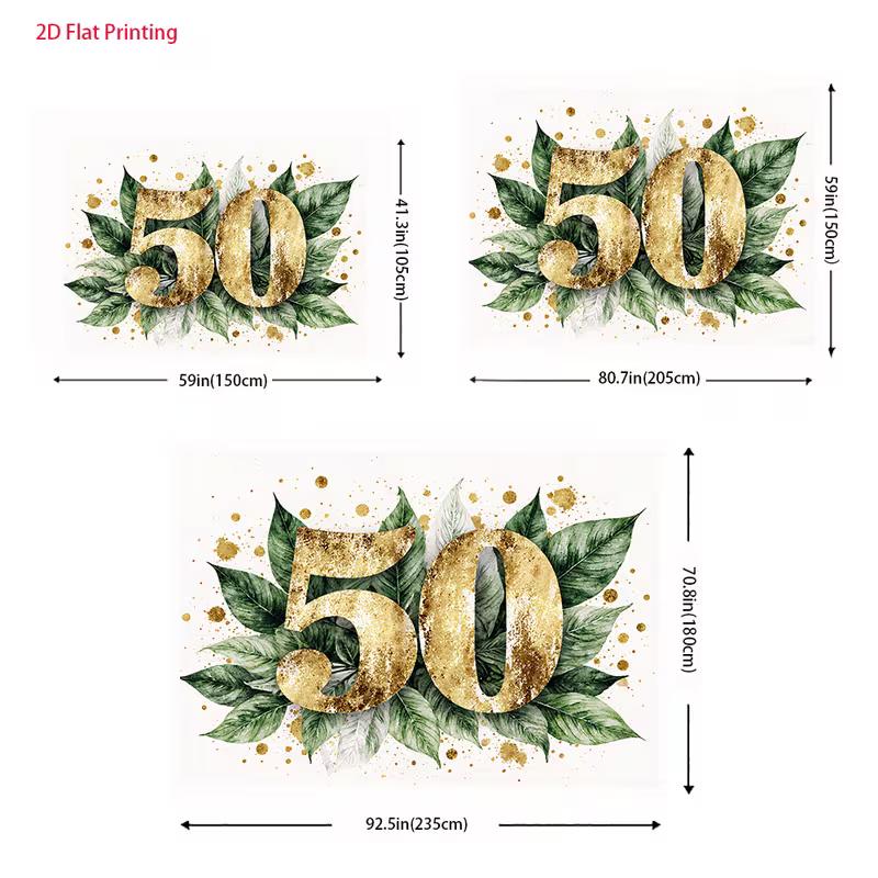 2D Gold Green Leaves 50th Birthday Photography Backdrop, Adult Birthday Decor