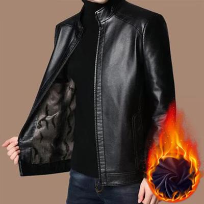 Men Jacket Stand Collar Lapel Long Sleeve Zipper Placket Faux Leather Jacket Plush