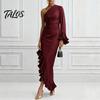 Talos Women's One Shoulder Asymmetric Ruffle Satin Dress, Formal Evening Party Gown, Long Sleeve Ruched Bridesmaid Dress