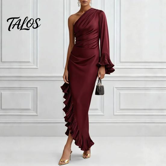 Talos Women's One Shoulder Asymmetric Ruffle Satin Dress, Formal Evening Party Gown, Long Sleeve Ruched Bridesmaid Dress