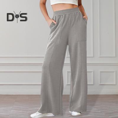 Women Pants Elastic High Waist Straight Wide Leg Long Trousers Solid Color Loose Fit Long Pants with Pockets Daily Wear
