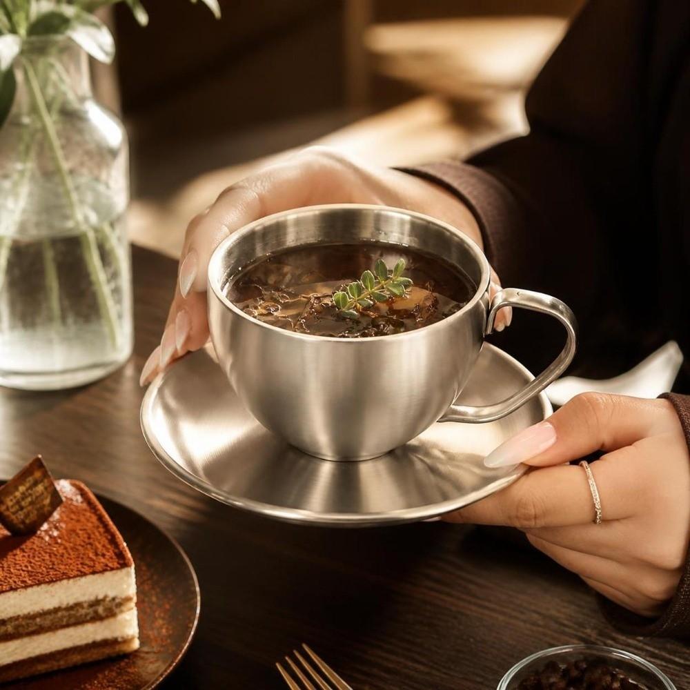 Heat Resistant Coffee Mug Stainless Steel Tea Mug Luxury Cup Saucer Set  Household Coffee