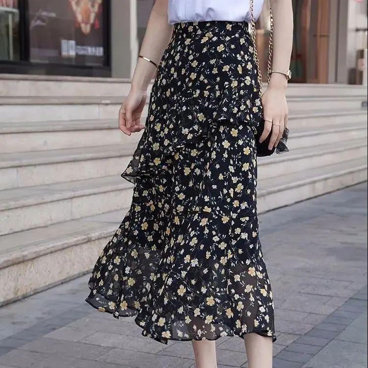 Medium To Long Chiffon Midi Skirt for Women In Summer High Waist A-line Floral Irregular Ruffle Edge Skirt