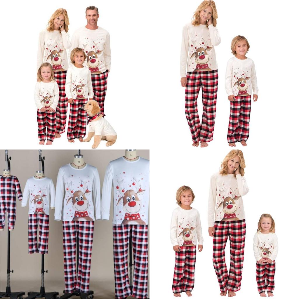 Stylish Christmas-themed Cotton Pajamas For Adults And Kids Long Sleeve 2-piece Set