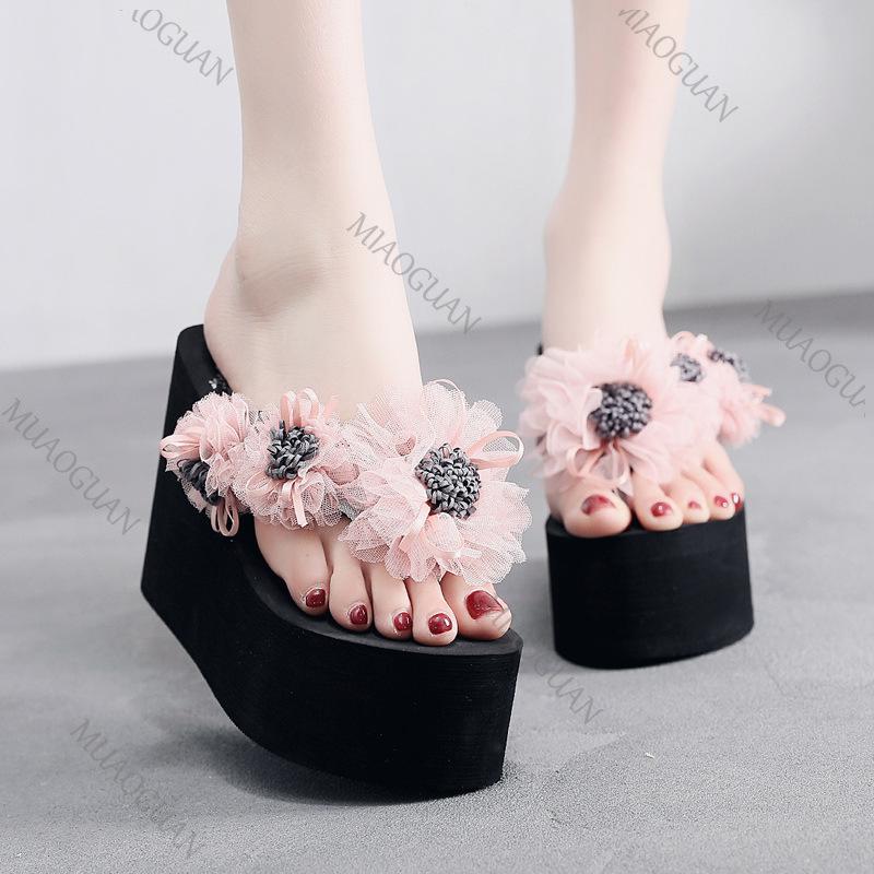 Fashion Flower Decor Wedge Flip Flops Women 2025 Summer Black Thick Bottom Platform Sandals Slides Woman 11cm High Heels Beach Slippers