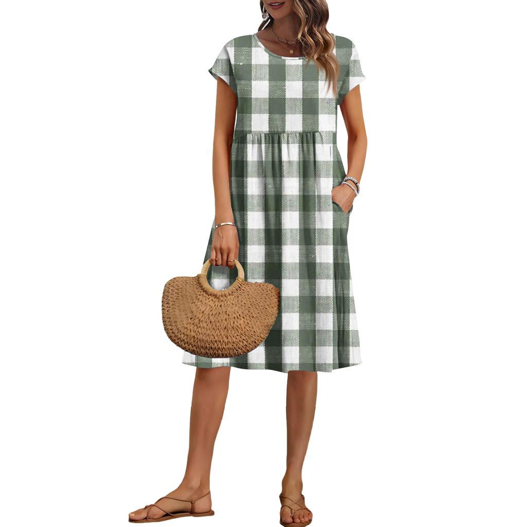 Women's Summer Fashion Casual Round Neck Short Sleeve Plaid Print Dress