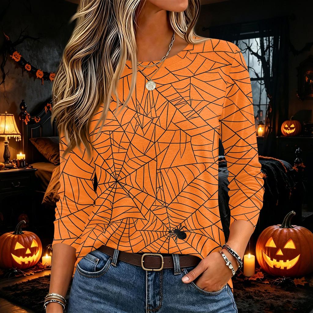 Damen Halloween Print Pullover Top mit langen Ärmeln und Rundhalsausschnitt