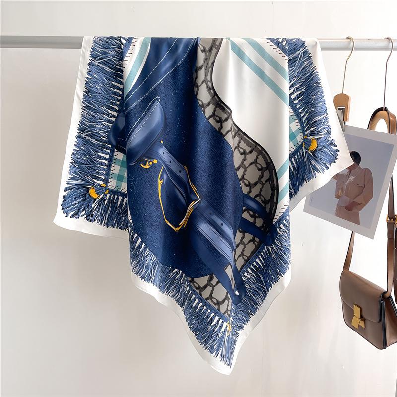 Headscarf Printed Twill Silk Large Square Scarf Small Fragrant Silk Scarf Women'S Anti-Sun Scarf Decorative Scarf Shawl 90Cm
