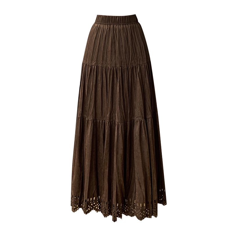 Pleated Suede Velvet A-line Skirt with Elastic High Waist