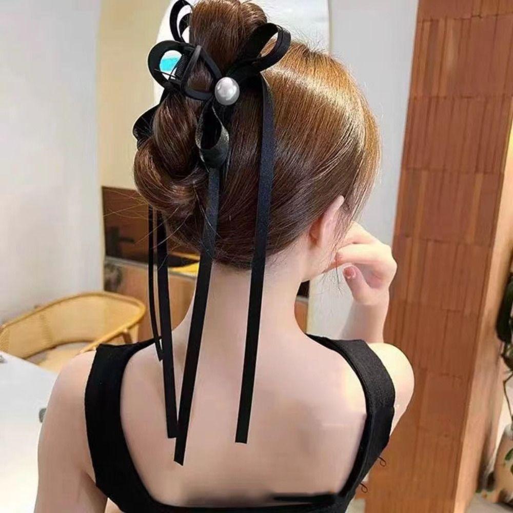 

Plastic Ribbon Hair Claw Black Bow Ponytail Clip Cute Bow Claw Clip Ponytail B