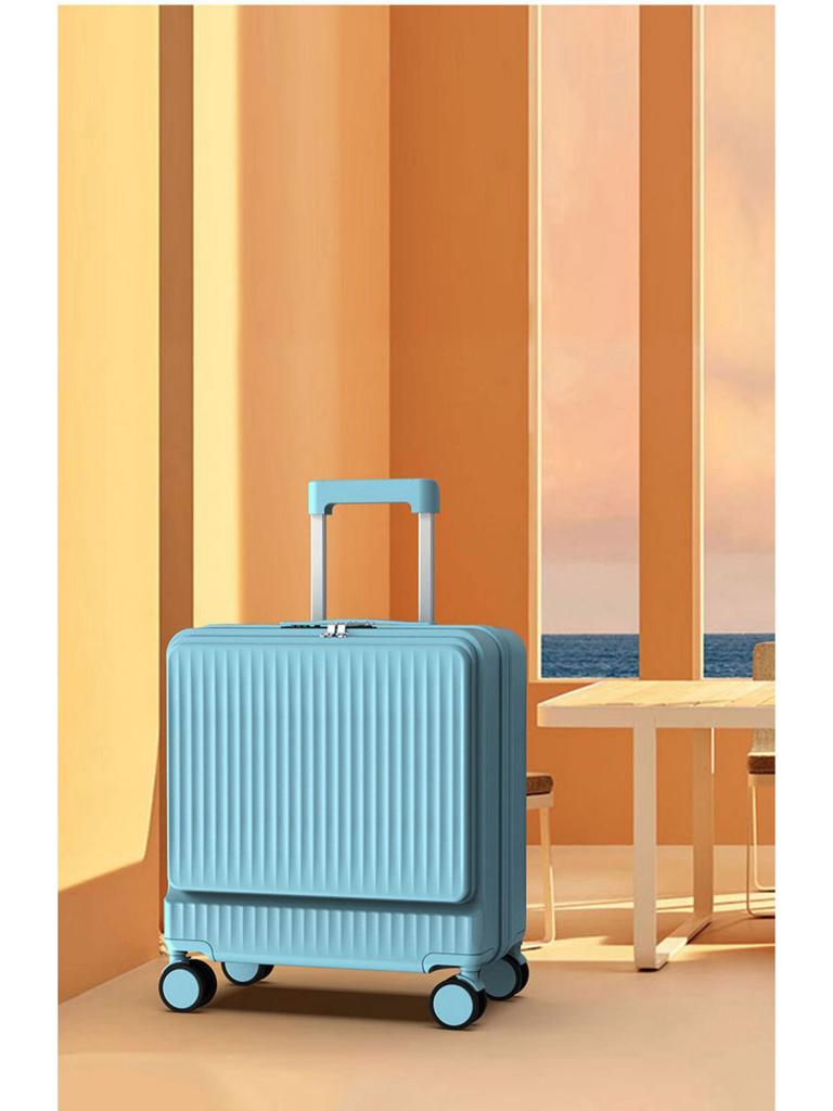 18" Silent Aluminum Frame Leather Carry-On Suitcase with Front Opening and Combo Lock for Men & Women.