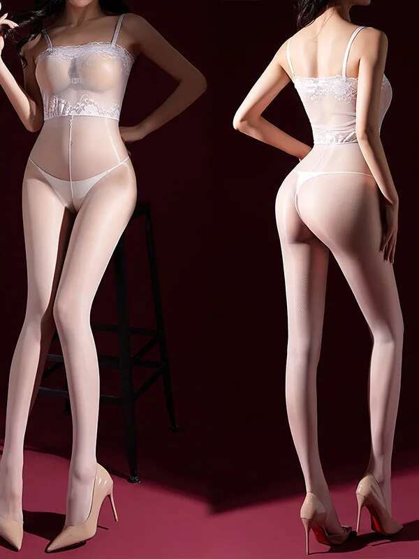 Lace Strapless Shiny Silk Stockings One-Piece Transparent Sexy Black Silk Open Cut Jumpsuit For Women Rompers Body Suits 3Mr0