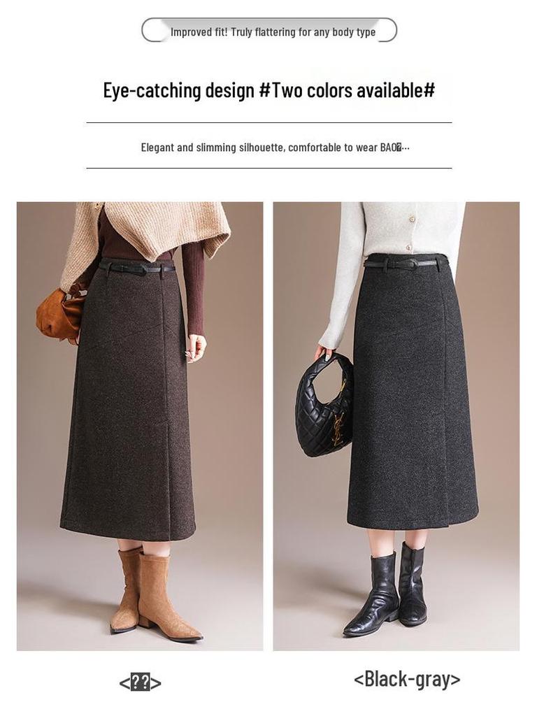 Damen Midirock in A-Linie aus dicker Wolle, Grau - Winterstyle 2025, Stilvoller Schlitz