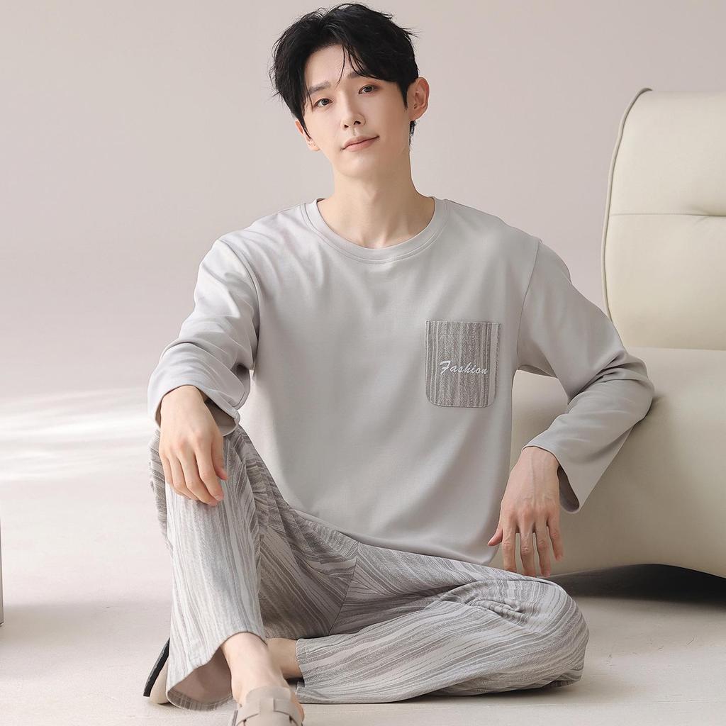 Men's 100% Cotton Long Sleeve & Pants Pajama Set - Korean Style Casual Homewear for Indoor/Outdoor Use