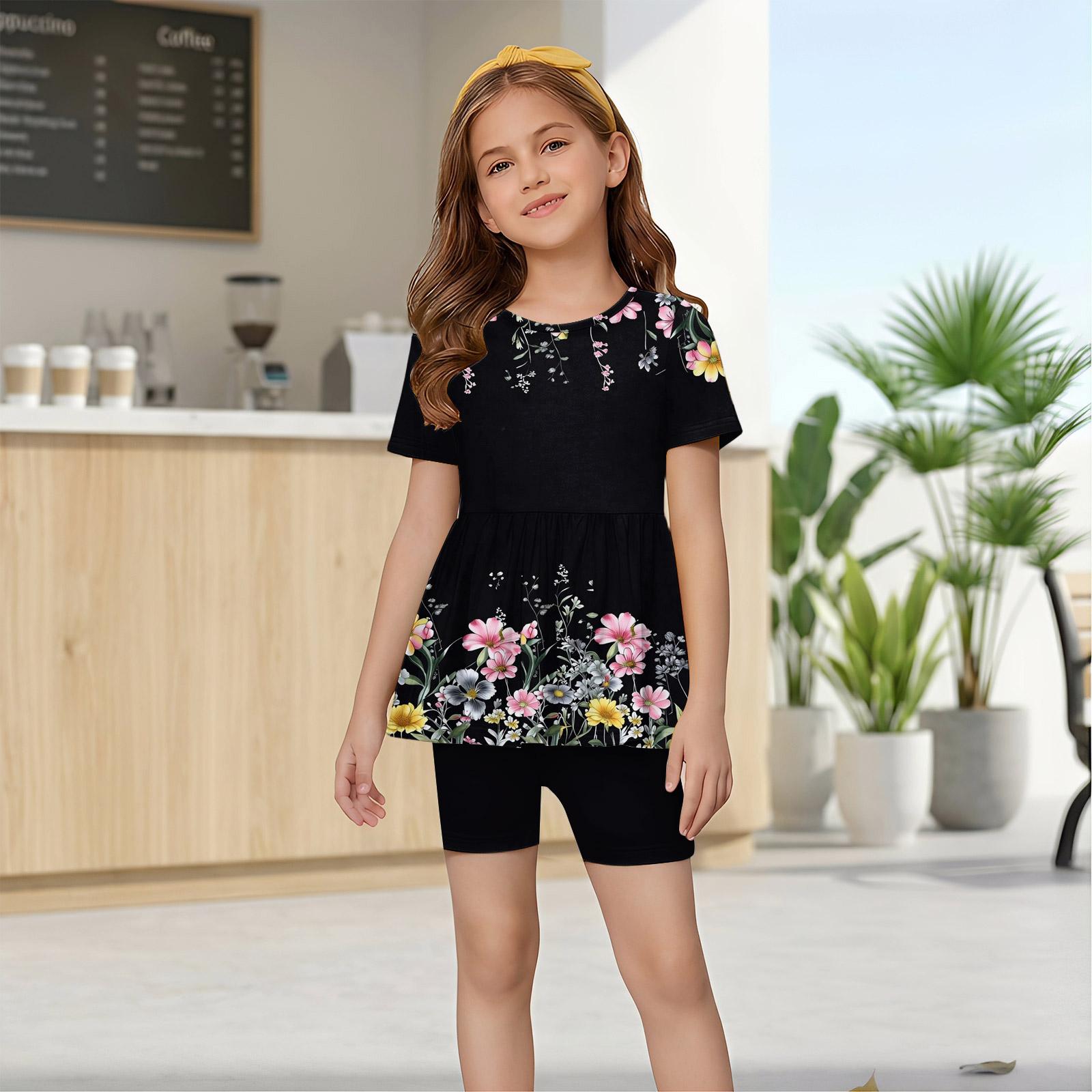 

Girls Summer Outfit Set Short Sleeve Ruffle Hem Top with Bow Print and Matching Shorts Soft Lightweight Comfortable Fabric for Daily Wear 140