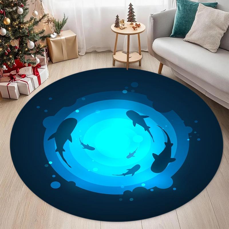 Rundes Blaues Ozean-Haifisch-Silhouetten-Druckbereichsteppich Weiche Rutschfeste Unterwasser-Bodenmatte Nautischer Heimdekor-Teppich für Wohnzimmer