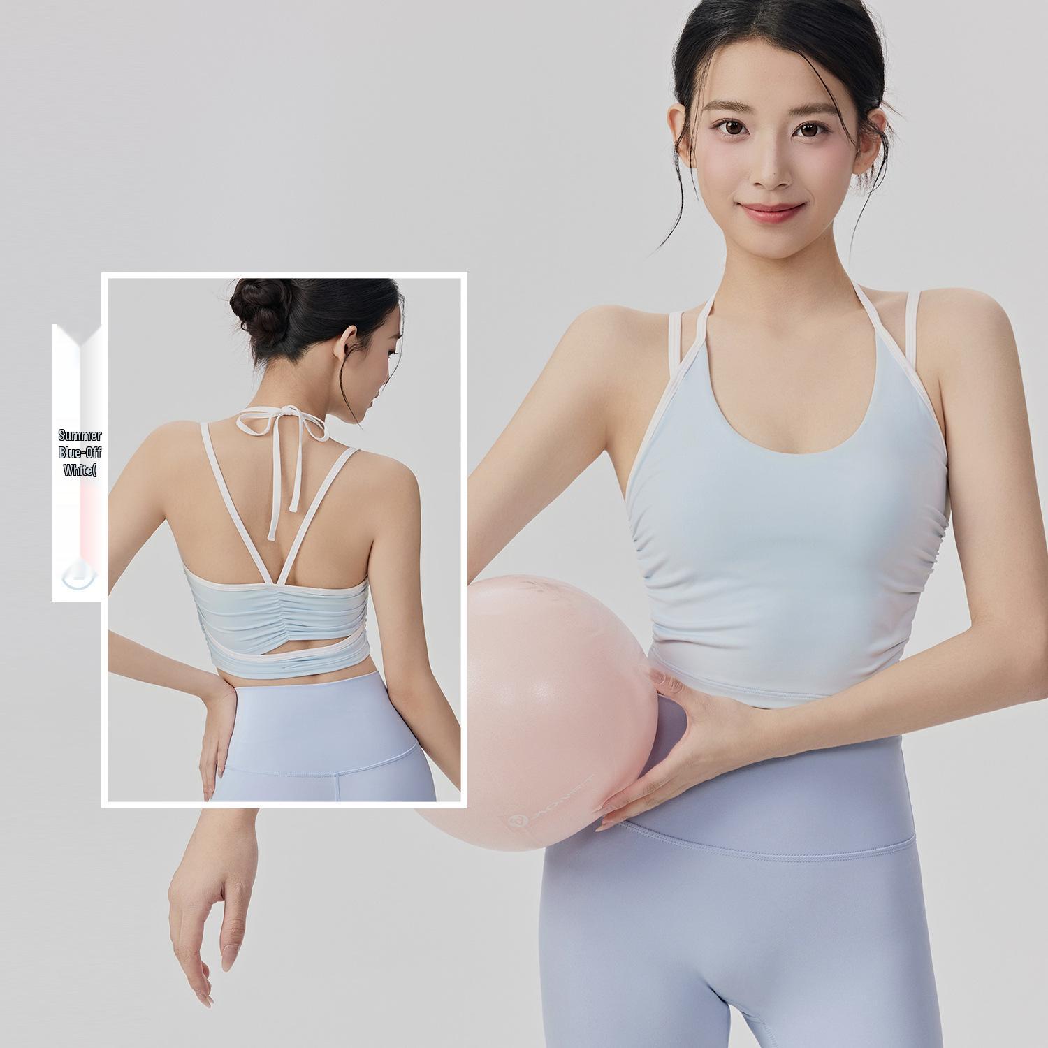 

Color-Blocked Halterneck Yoga Tank with Ruffled Cutout Back and Fixed Bra Pads S