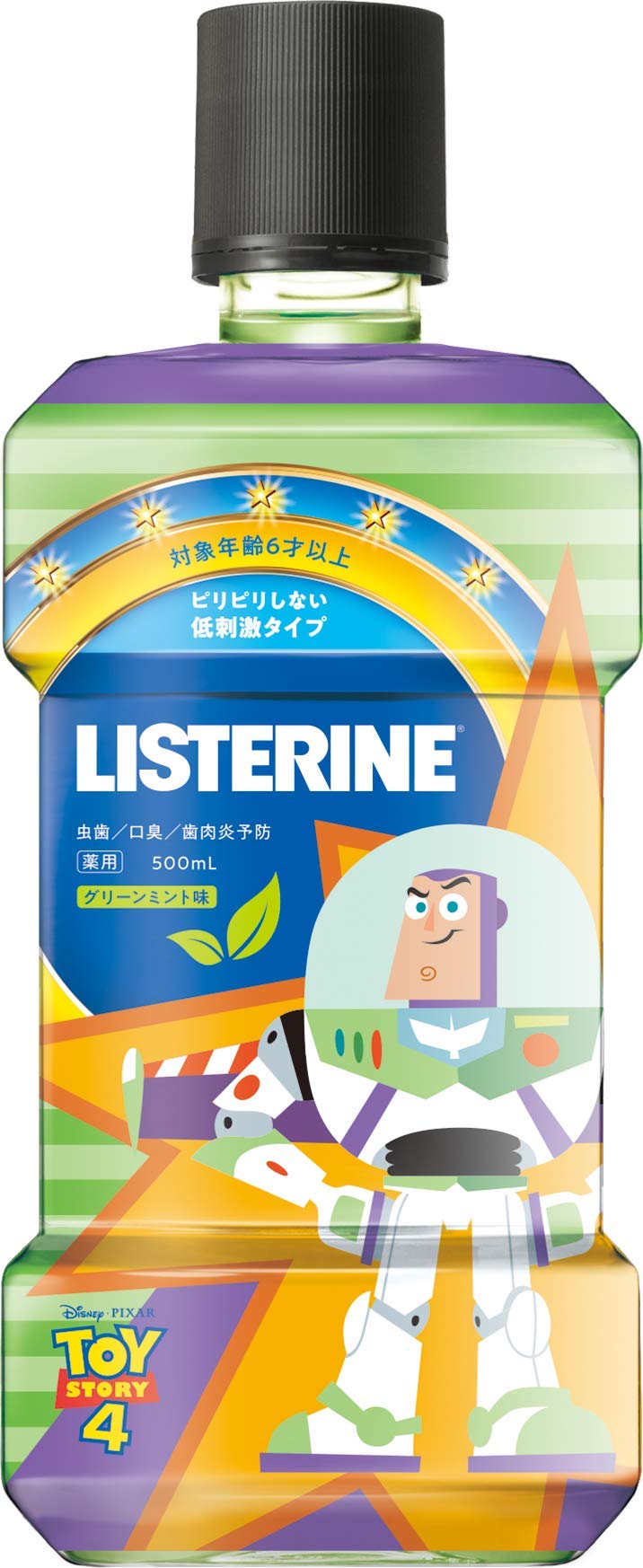 

Лечебный ополаскиватель для полости рта Listerine Mushiba Care 500 мл, флакончик типа «История игрушек» [квази-лекарство], безалкогольный
