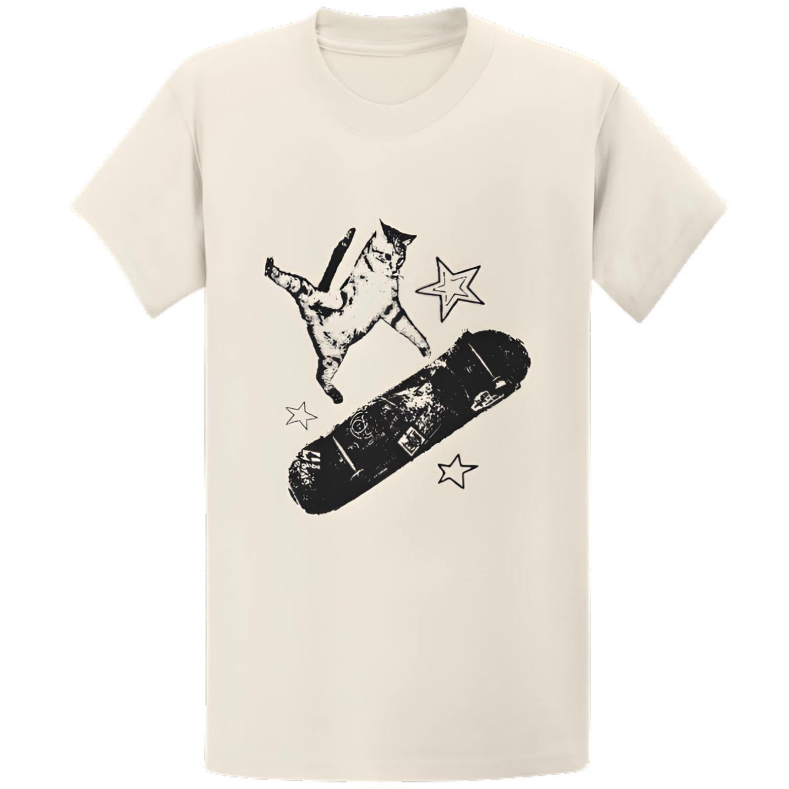 Gildan 5000 Skateboard Cat Y2K Grunge T-Shirt - Retro 90s Aesthetic Gift Tee L