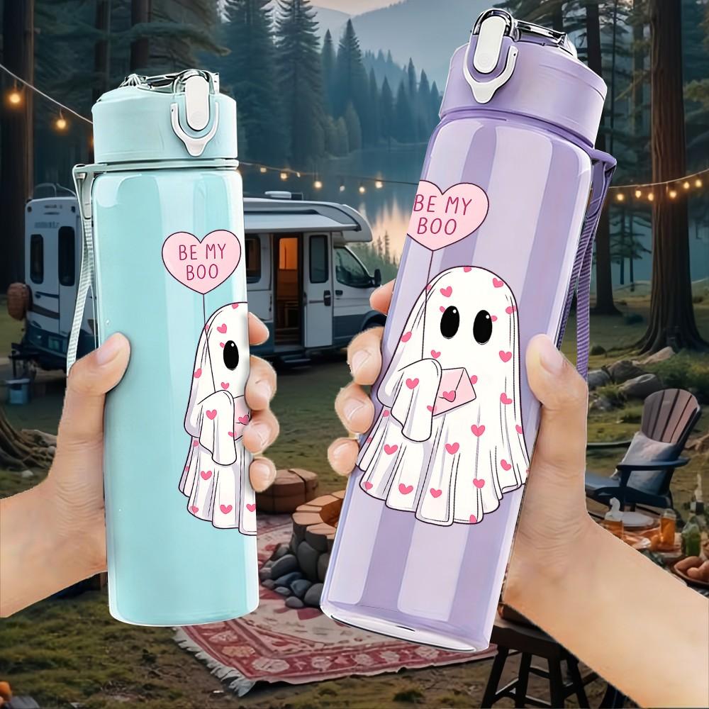 1PC Cute Ghost With Pink Heart Print 750ml Color Plastic Sports Water Bottle Leakproof Flip Straw Lid Suitable for Sports Office Home Use