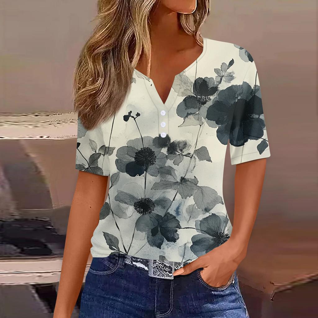 Women's T Shirt Print Button Short Sleeve Daily Weekend Fashion Basic V-Neck Regular Top