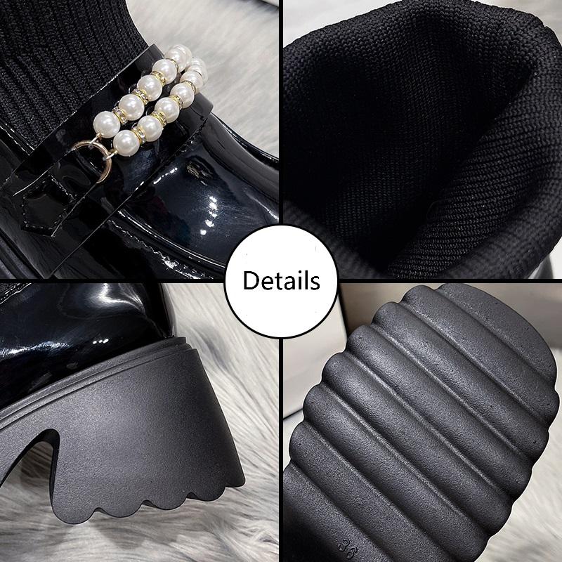 Aphixta Black 6.5cm High Heels Modern Boots Pearl Design Platform Ankle Boots Women Sock Boot Sweet Student Botas Mujer Botines