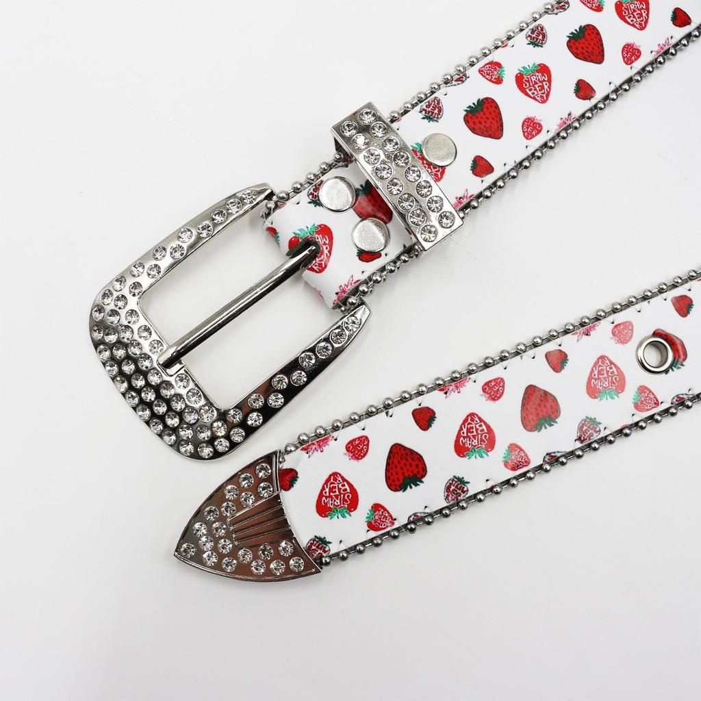 Leren Riem met Aardbeienprint en Strass - Y2K Punk Koppel Modetrend