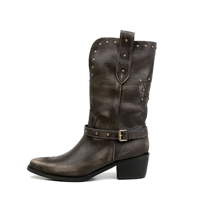

Fashion boots leather embroidered western cowboy boots women s 2025 spring and summer models old polished v mouth wasteland wind boots 40